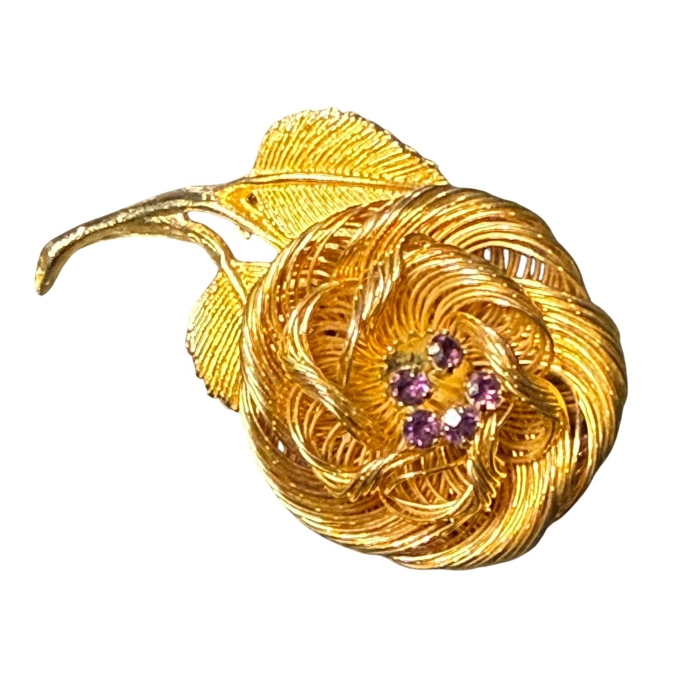 Vintage Gold Tone Flower Brooch Pin Purple Rhinestones Floral Jewelry
